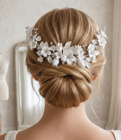 Woman with a styled hair with floral headpiece in a soft, neutral setting