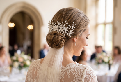 Bride with a decorative hairpiece and veil in an elegant indoor setting