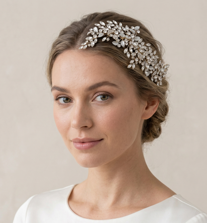 Woman wearing a decorative headband with a neutral background