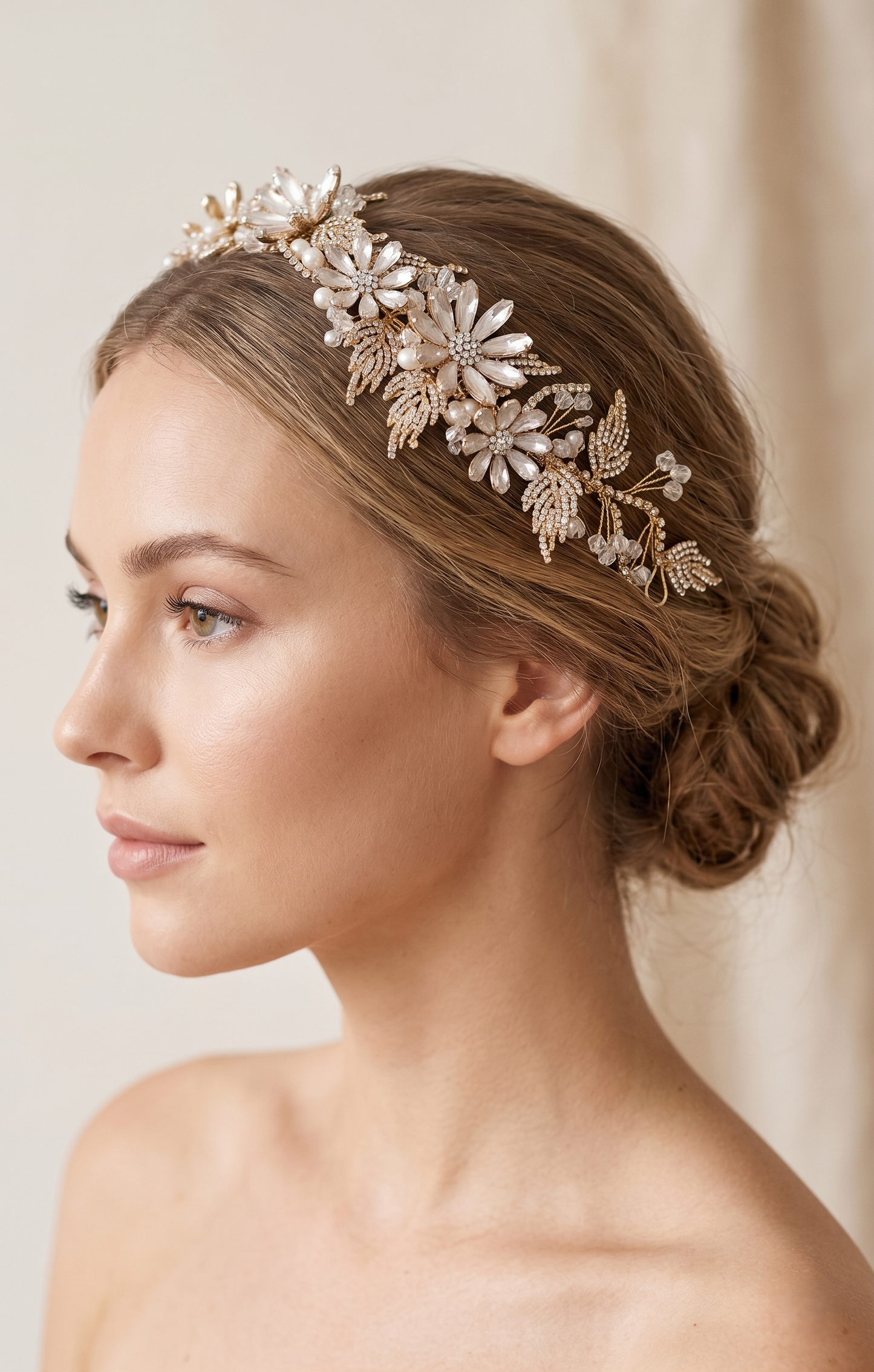 Woman wearing a decorative headpiece with a neutral background