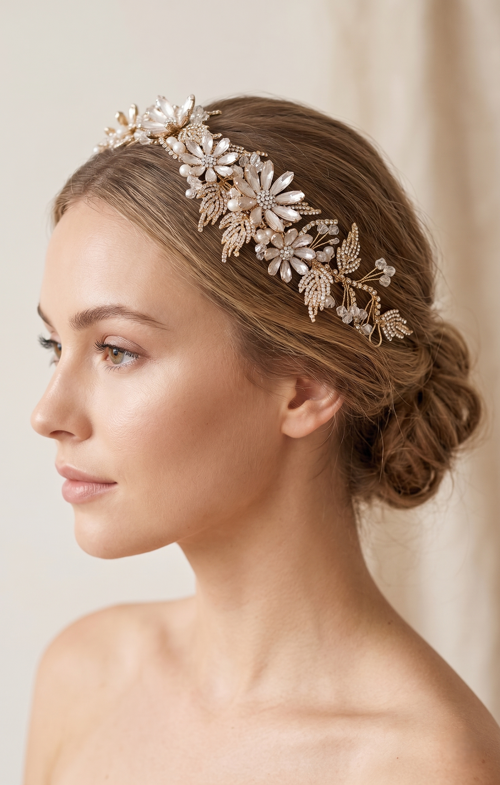 Woman wearing a decorative headpiece with a neutral background