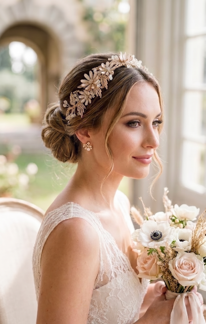 Bride holding a bouquet with floral headpiece indoors