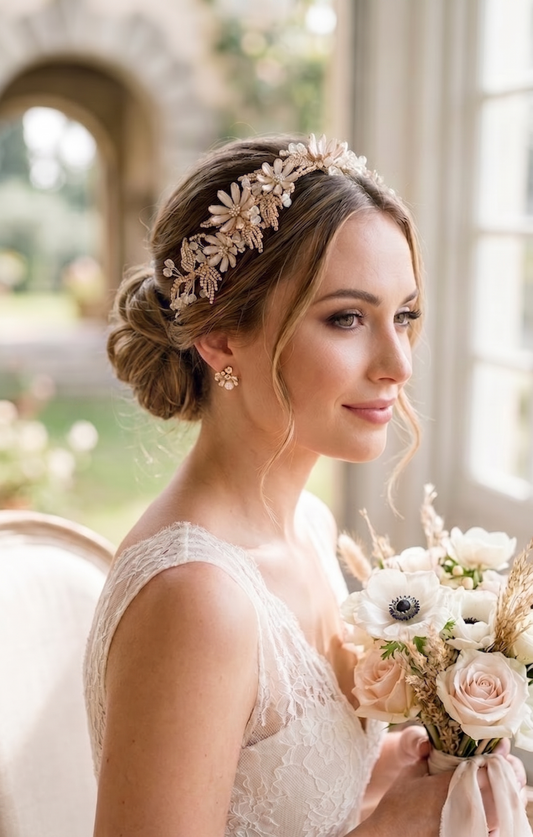 Bride holding a bouquet with floral headpiece indoors