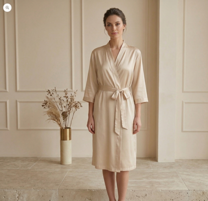 Woman wearing a beige robe standing in a room with a decorative vase in the background.