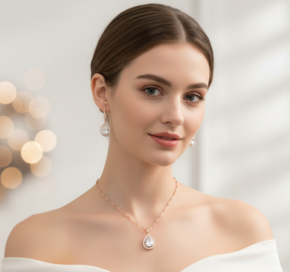 Woman wearing a necklace and earrings with a blurred bokeh background