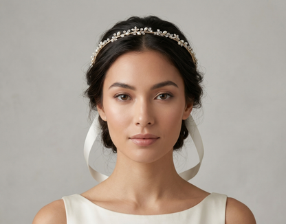 Woman wearing a decorative headband with a plain background