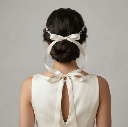 Woman with elegant hair bun and ribbon accessory wearing a white dress against a gray background