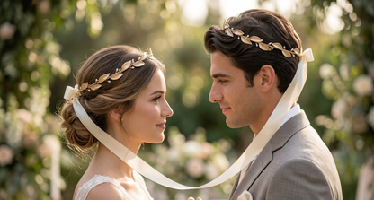 Man and woman with hair and headbands holding hands against a blurred natural background