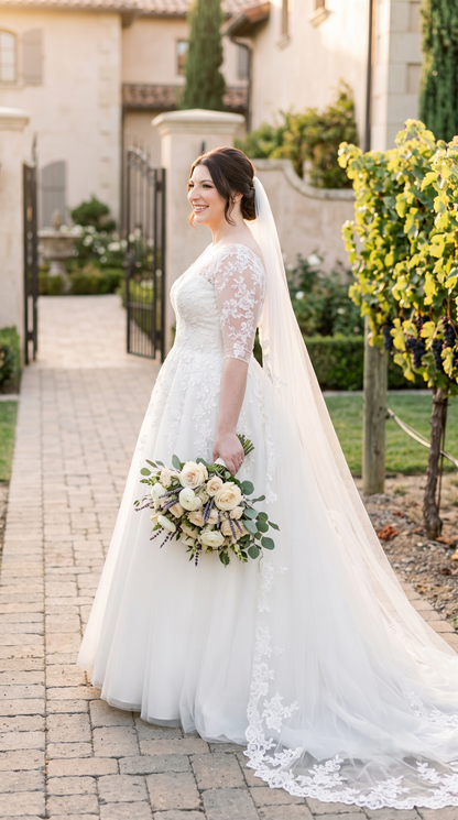 A bride in a white lace wedding dress with a long veil and holding a bouquet of cream and white flowers, standing on a stone pathway in front of a stone building with greenery.
