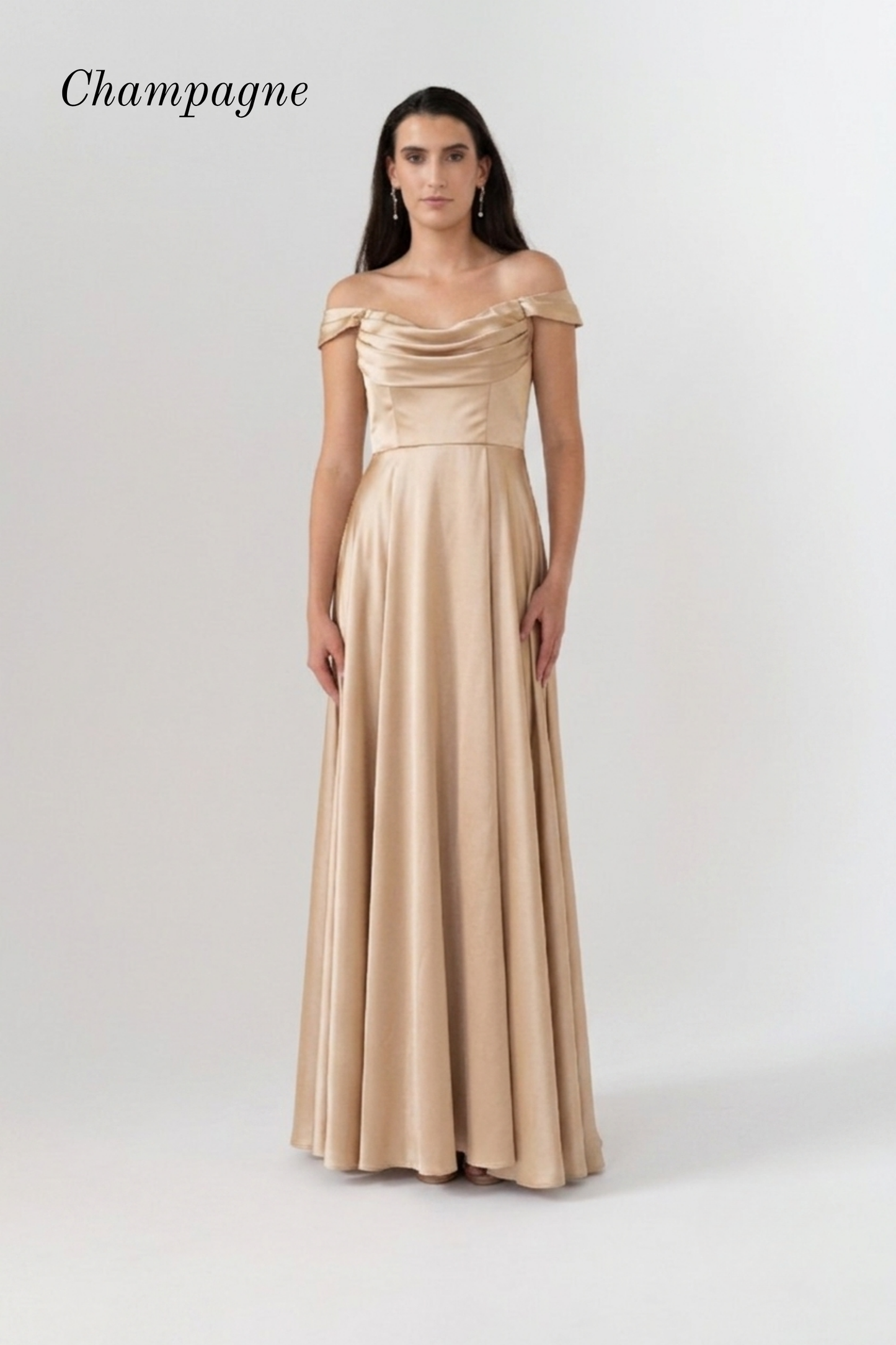 A woman modeling a floor-length champagne satin gown with an off-the-shoulder neckline and draped bodice, shown against a light gray studio background with the word 'Champagne' in the upper left.