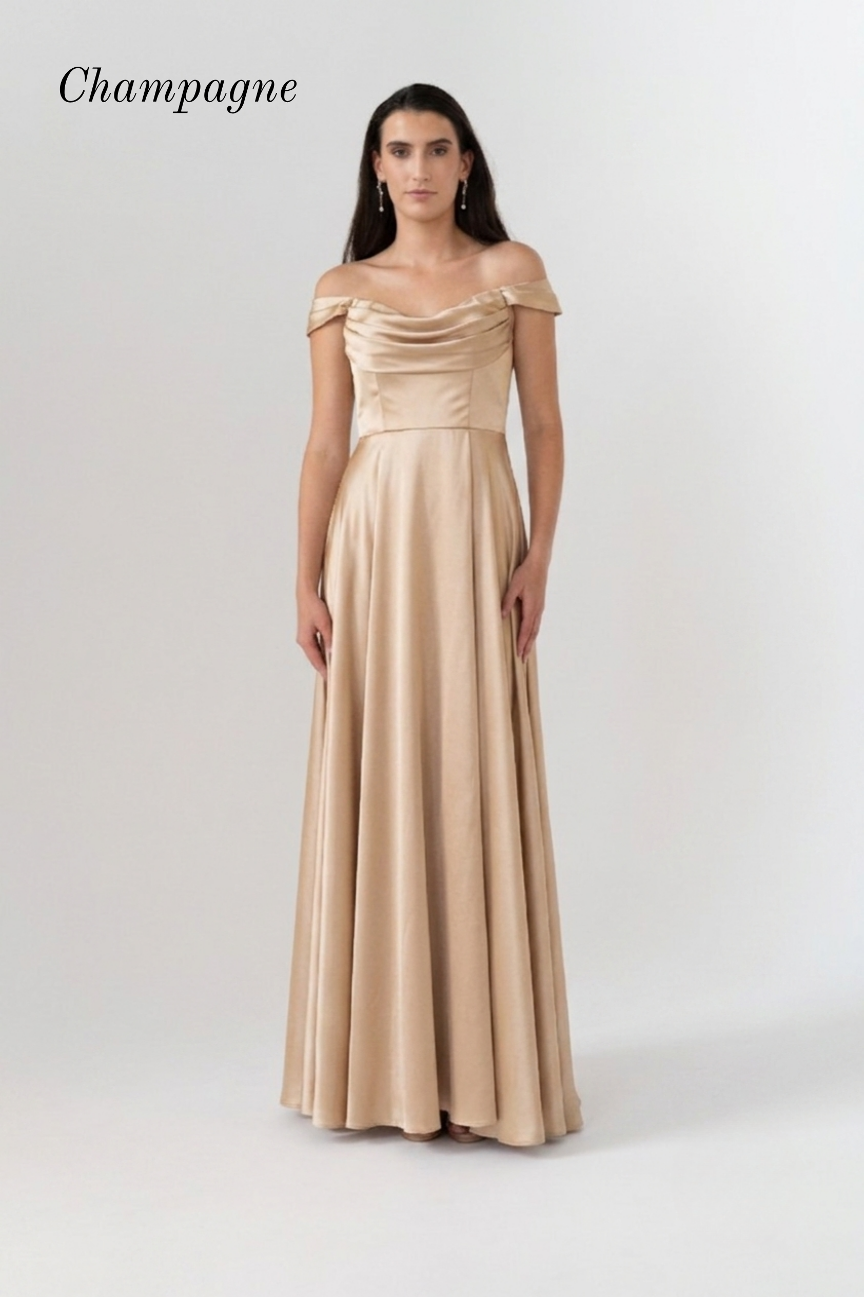 A woman modeling a floor-length champagne satin gown with an off-the-shoulder neckline and draped bodice, shown against a light gray studio background with the word 'Champagne' in the upper left.