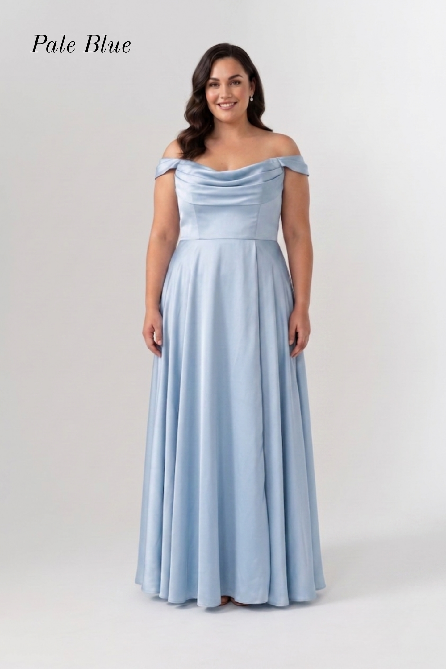 A woman modeling a pale blue off-the-shoulder maxi dress against a light gray studio background, with the text 'Pale Blue' in the top left corner.