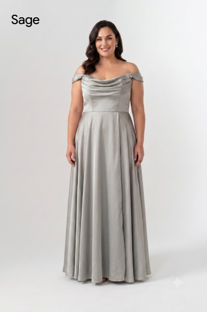 A woman modeling a sage green off-the-shoulder maxi dress against a light gray studio background. The word 'Sage' is printed in the upper left corner.