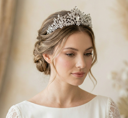 Woman wearing a sparkling tiara with a soft, blurred background