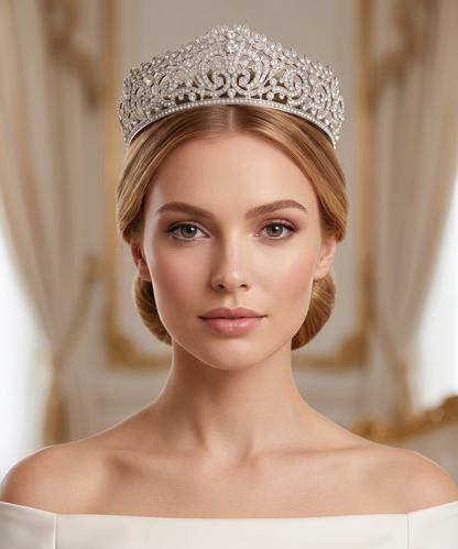 Woman wearing a sparkling tiara against a neutral background