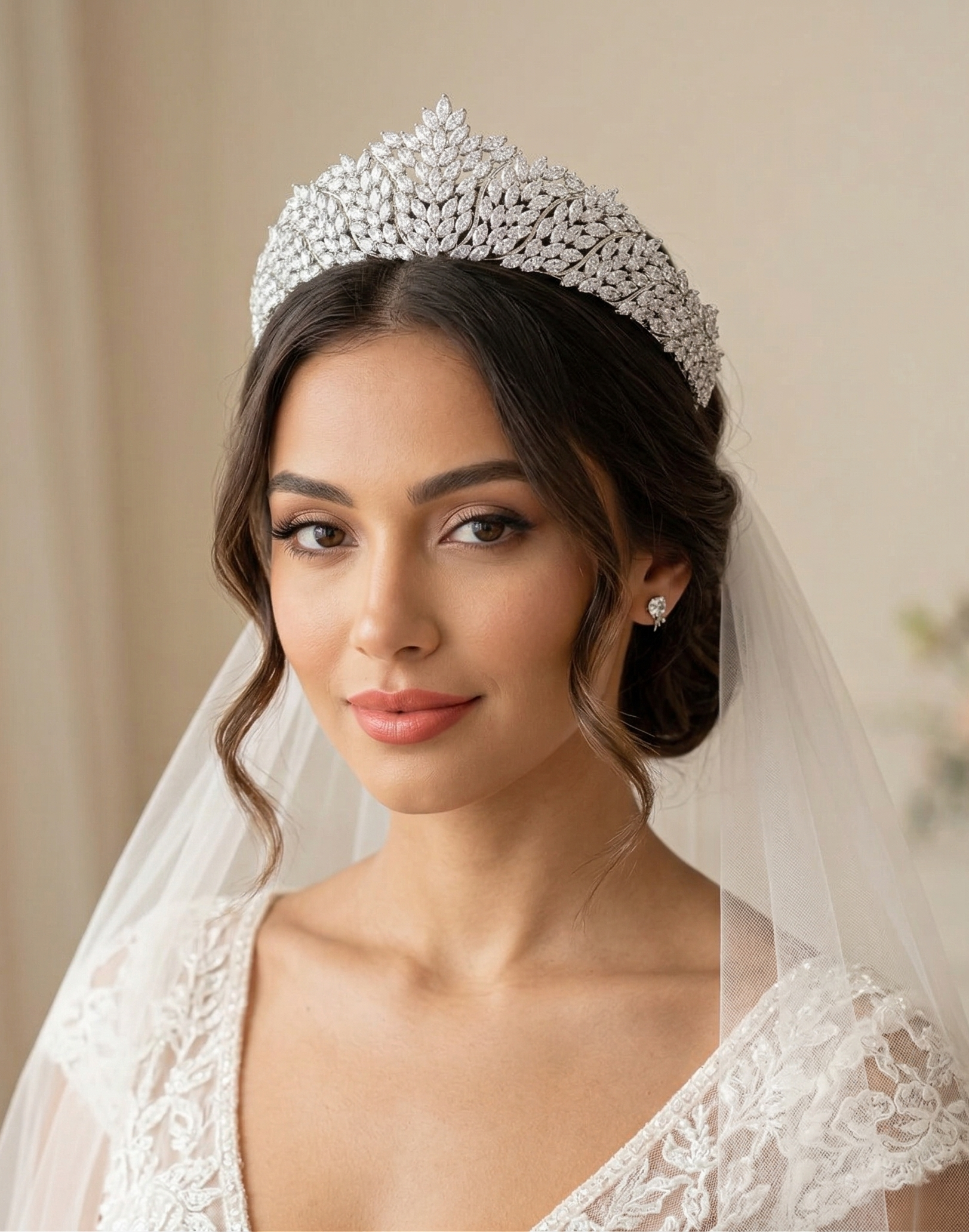 Woman wearing a sparkling tiara and veil against a neutral background