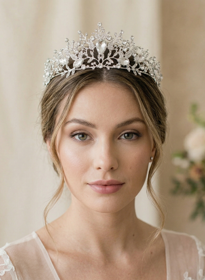 Woman wearing a sparkling tiara with a blurred floral background