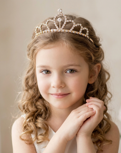 Young girl wearing a tiara with a plain background
