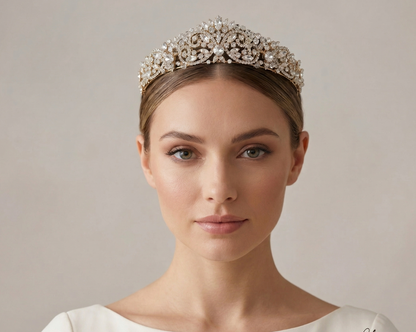 Woman wearing a sparkling tiara against a plain background