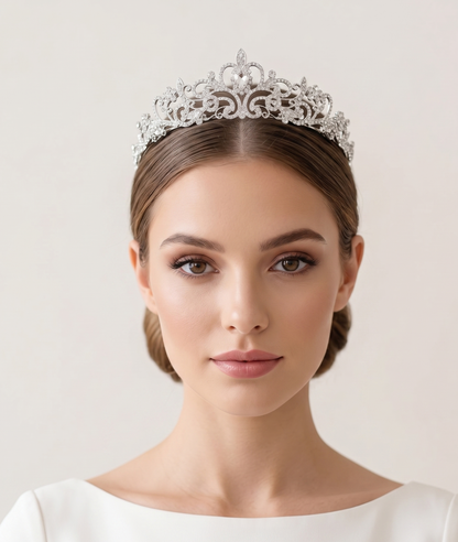 Woman wearing a silver tiara against a plain background