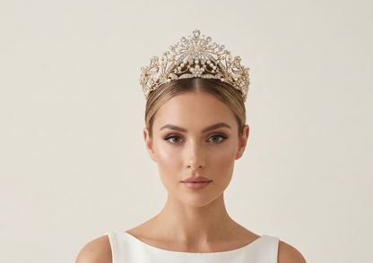 Woman wearing a sparkling tiara against a plain background