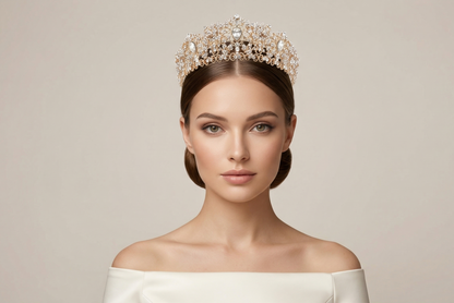 Woman wearing a sparkling tiara against a plain background
