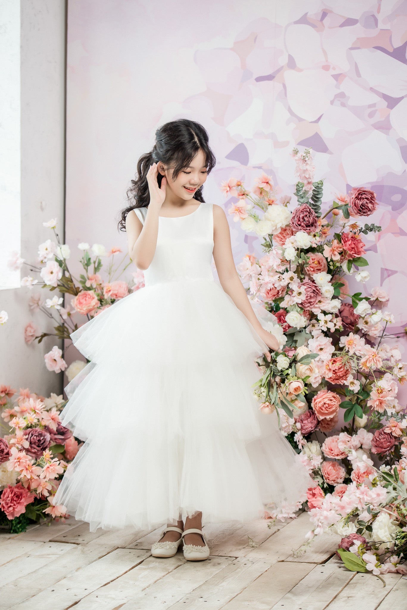 TINA Ball Gown Floor-Length Flower Girl Dress / 3 Layers Ruffles Skirts