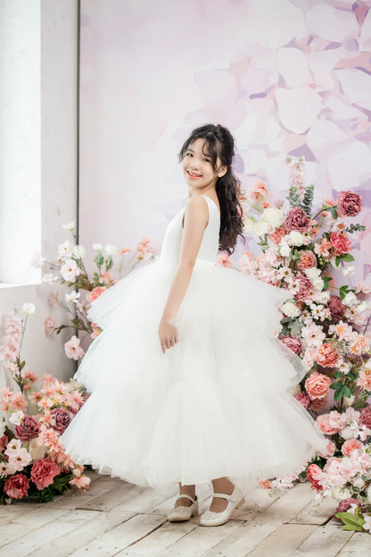 TINA Ball Gown Floor-Length Flower Girl Dress /Communion Dress-3 Layers Ruffles Skirts
