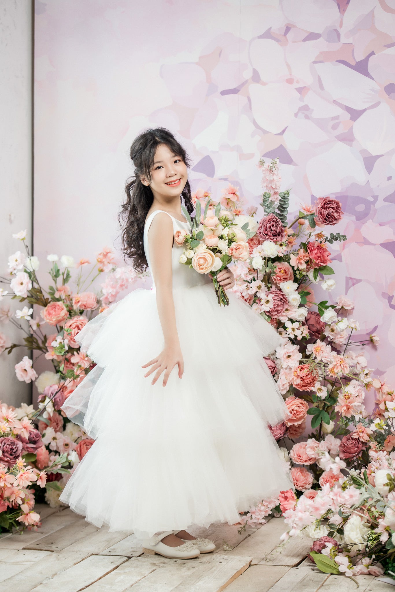 TINA Ball Gown Floor-Length Flower Girl Dress / 3 Layers Ruffles Skirts