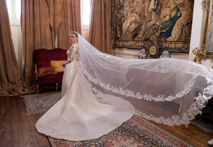 Woman in a wedding dress with a long veil in an ornate room.