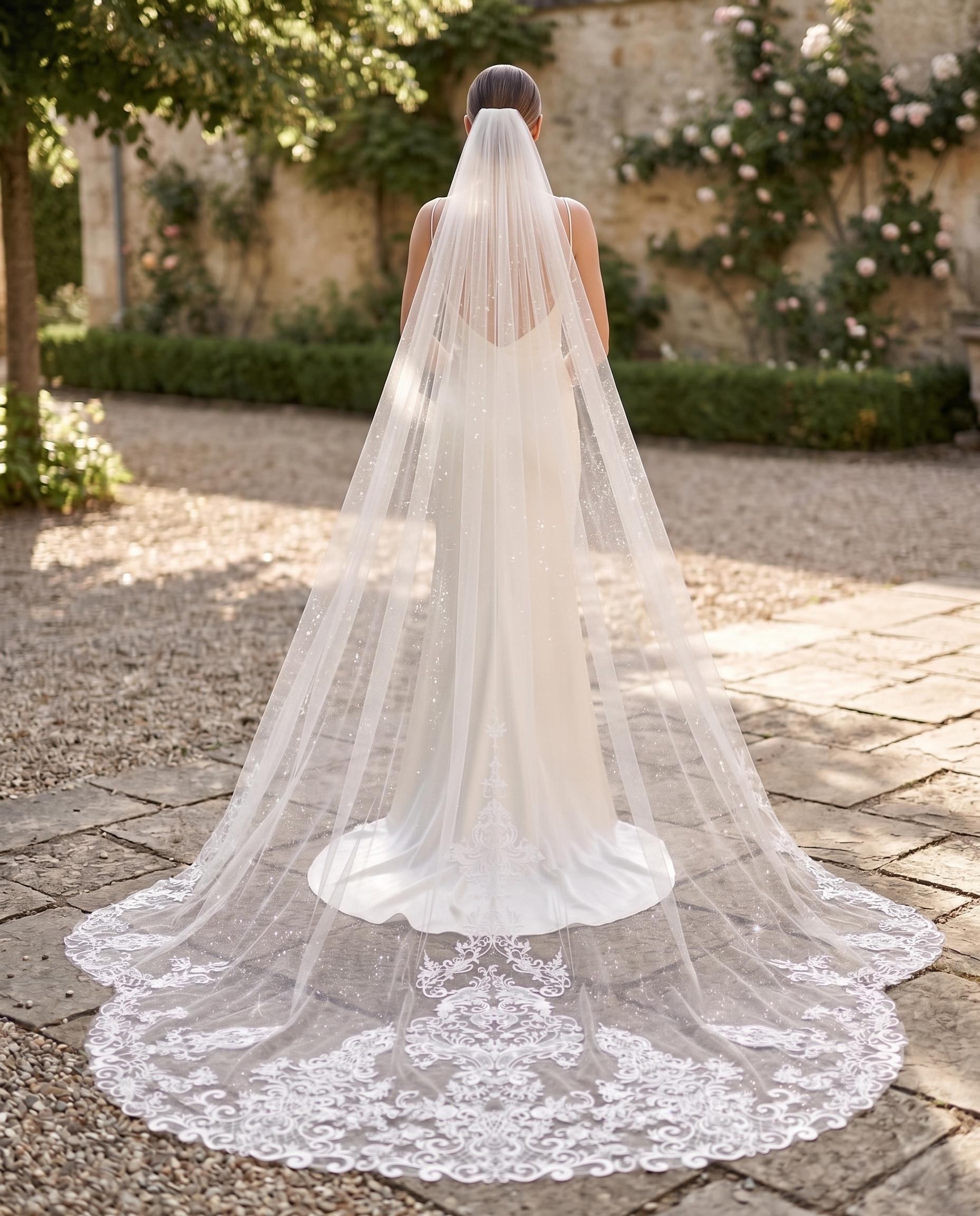 Bride in a white wedding dress with a long veil standing on a stone path.