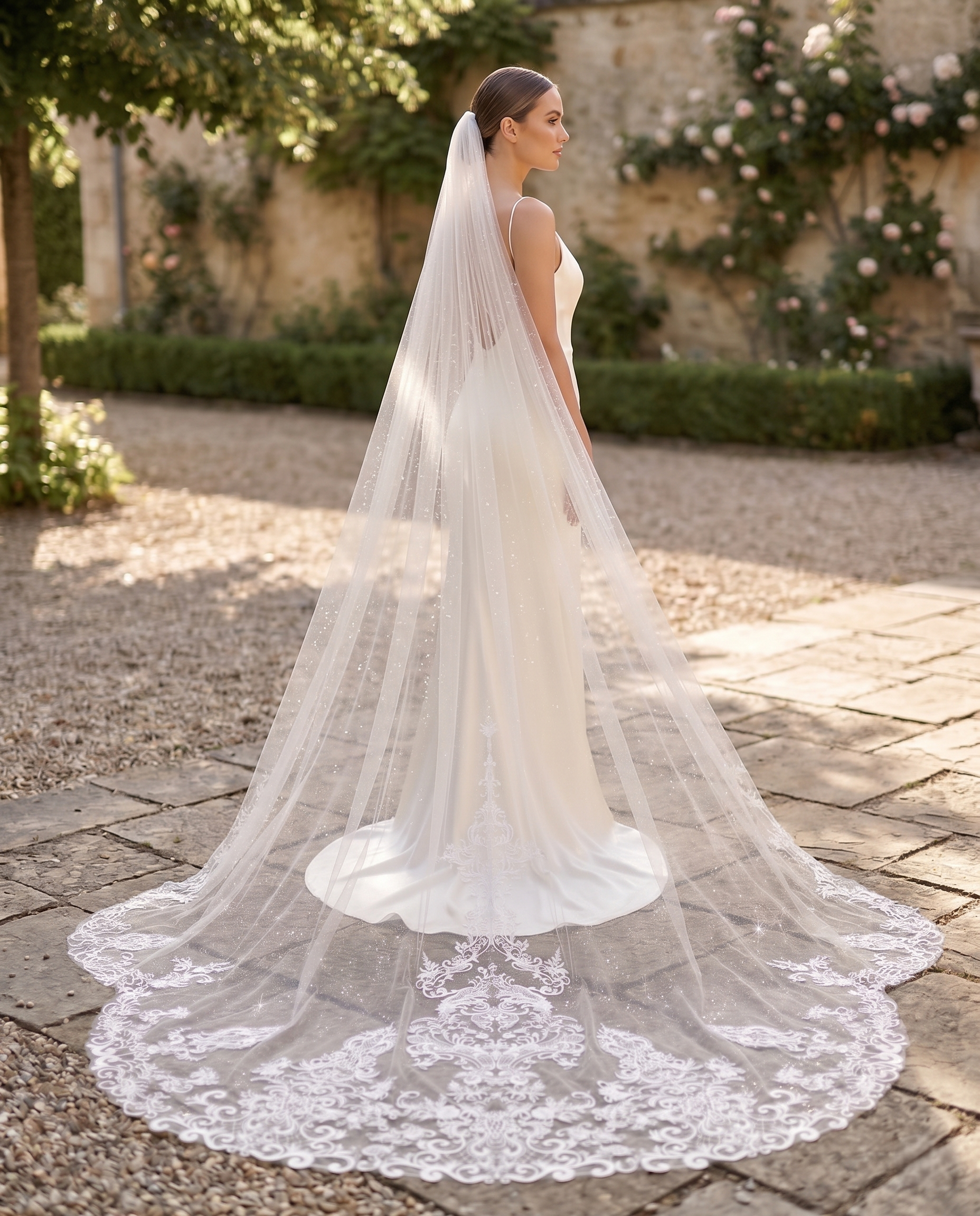 Bride in a white wedding dress with a long veil standing outdoors on a stone path.