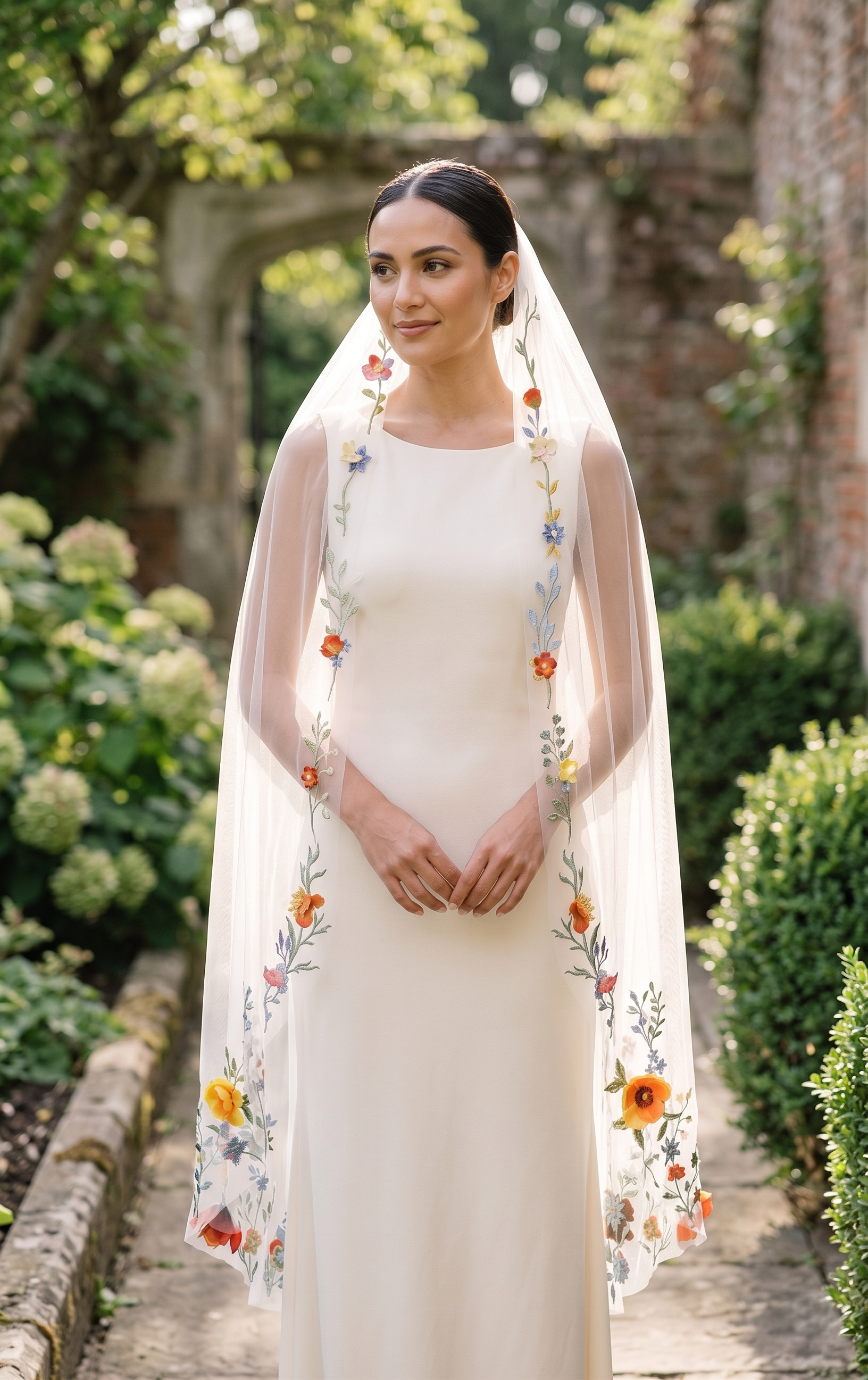 Woman in a white dress with floral embroidery standing in a garden.