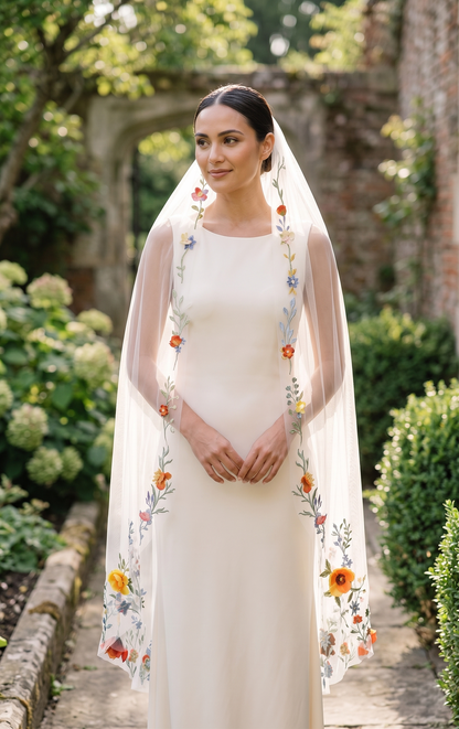Woman in a white dress with floral embroidery standing in a garden.