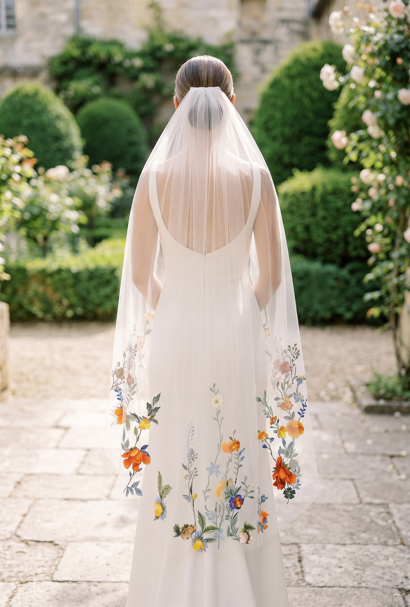 Bride wearing a floral embroidered veil in an outdoor garden setting