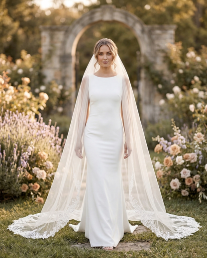 Bride in a white gown with a long veil standing in a garden with flowers and an archway.
