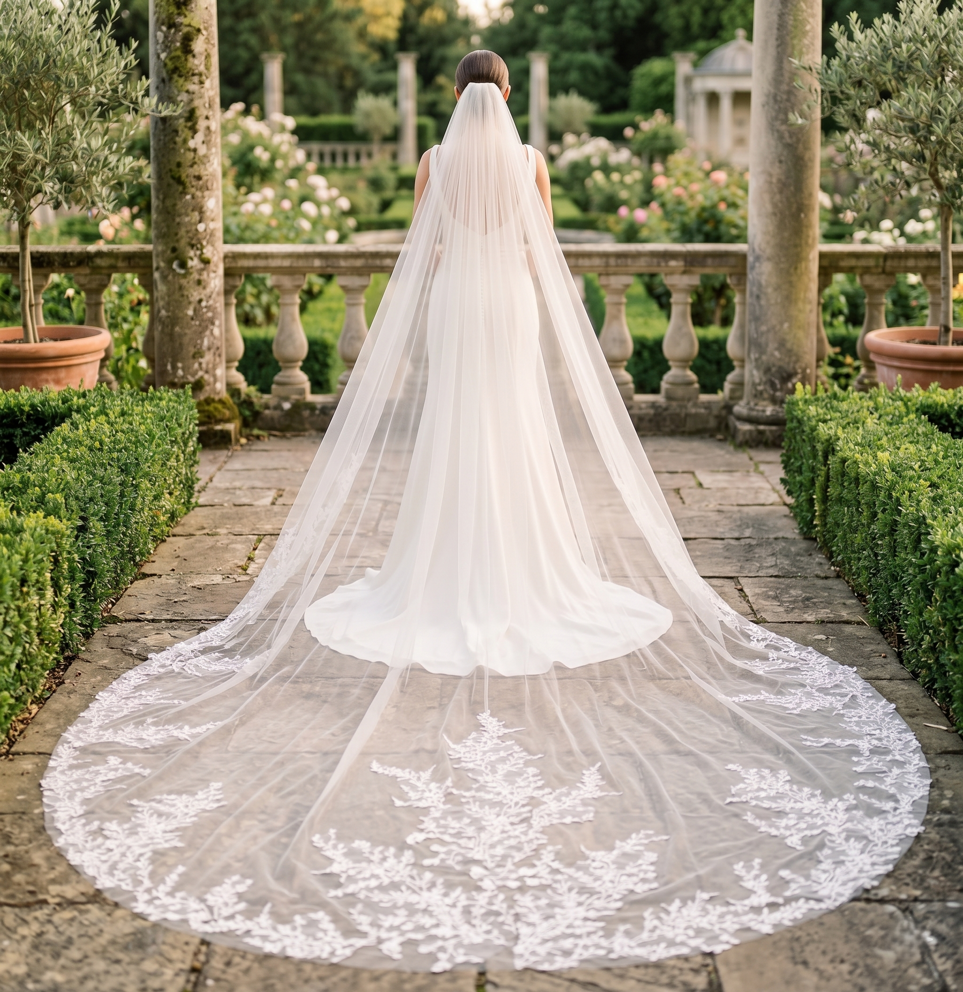Bride with a long veil standing in an elegant garden setting