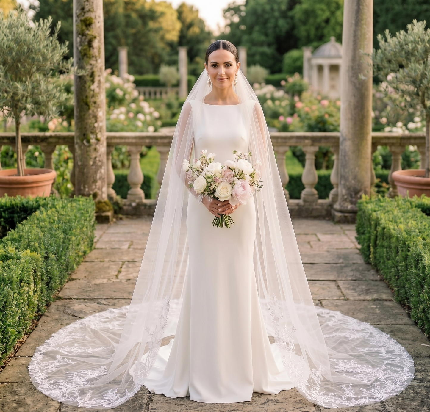 Bride in a white wedding dress with a long veil holding a bouquet in an outdoor garden setting.