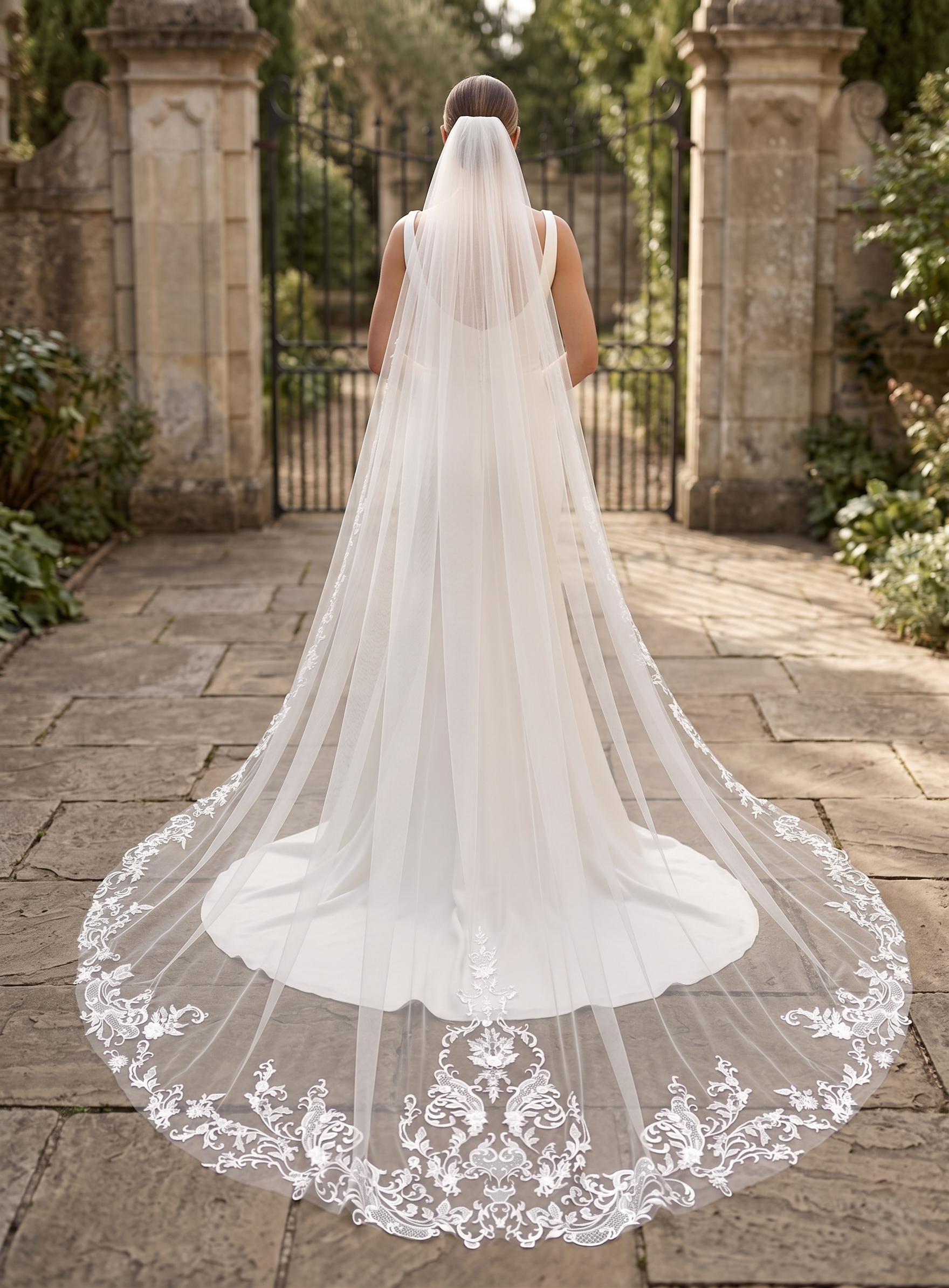 Bride wearing a long, elegant wedding veil in an outdoor setting.