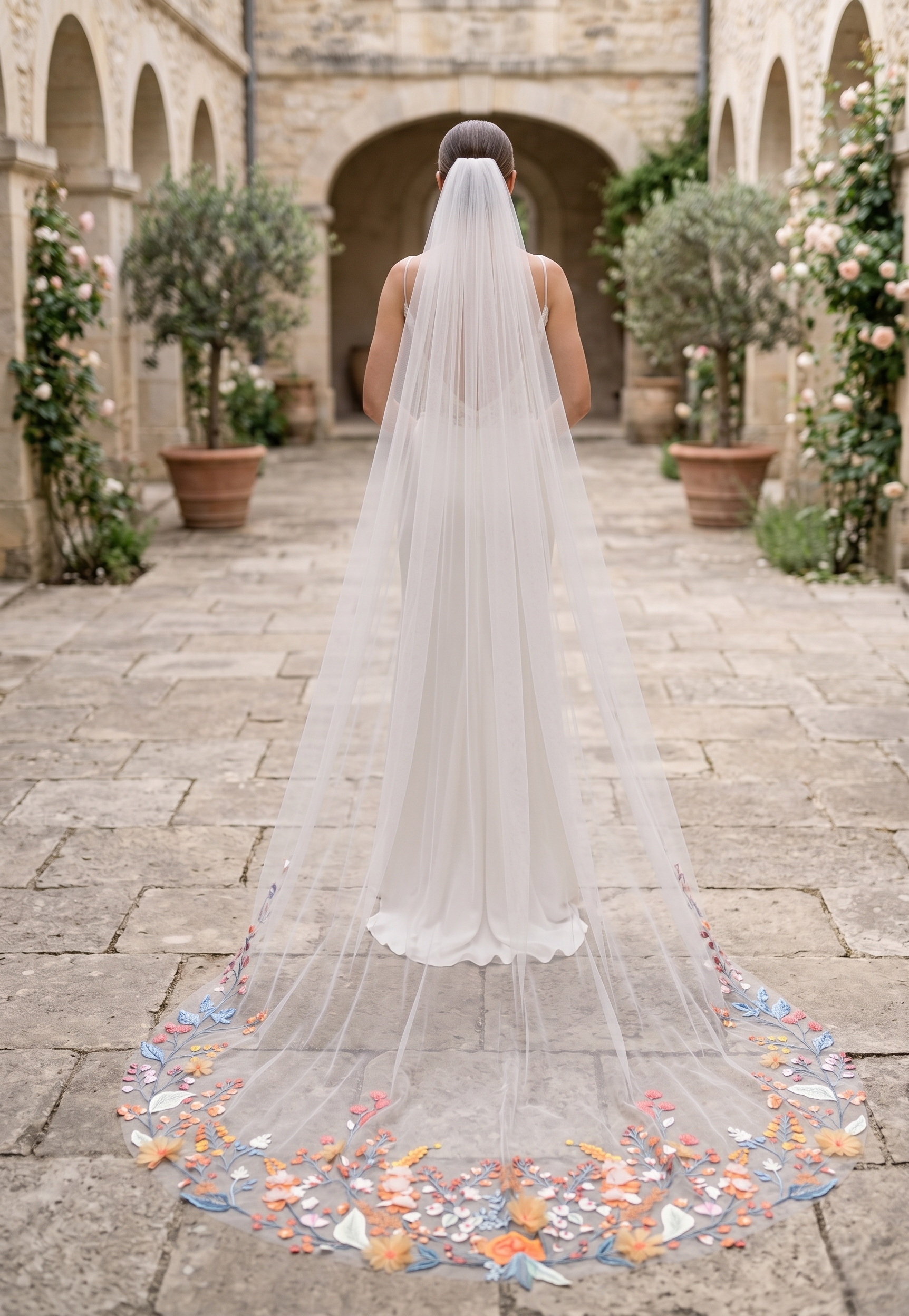 Person wearing a long wedding veil with colorful accents in an outdoor setting.
