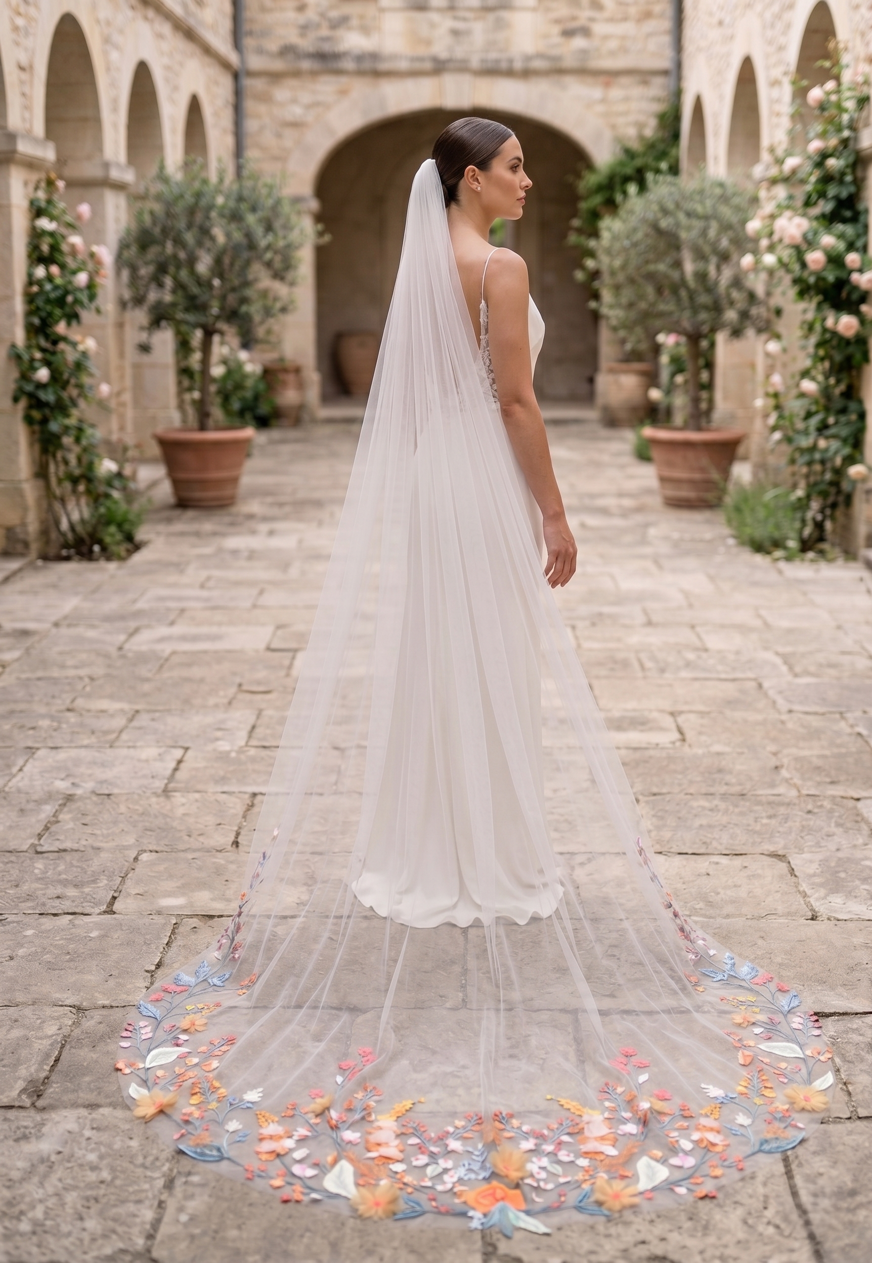 Bride in a white wedding dress with a long veil standing in an outdoor setting with stone pavement and decorative plants.