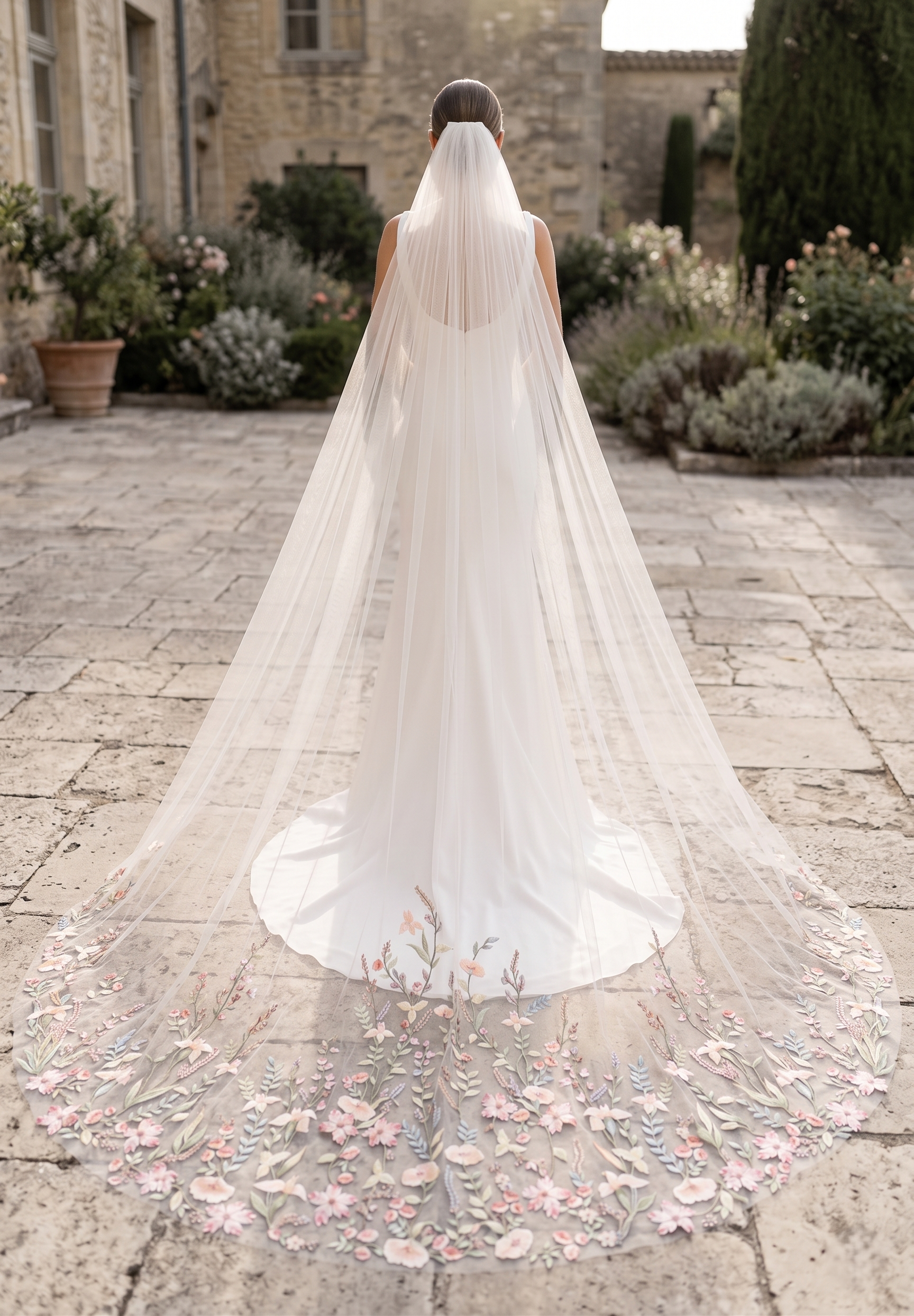 Bride with a long, elegant veil in an outdoor setting