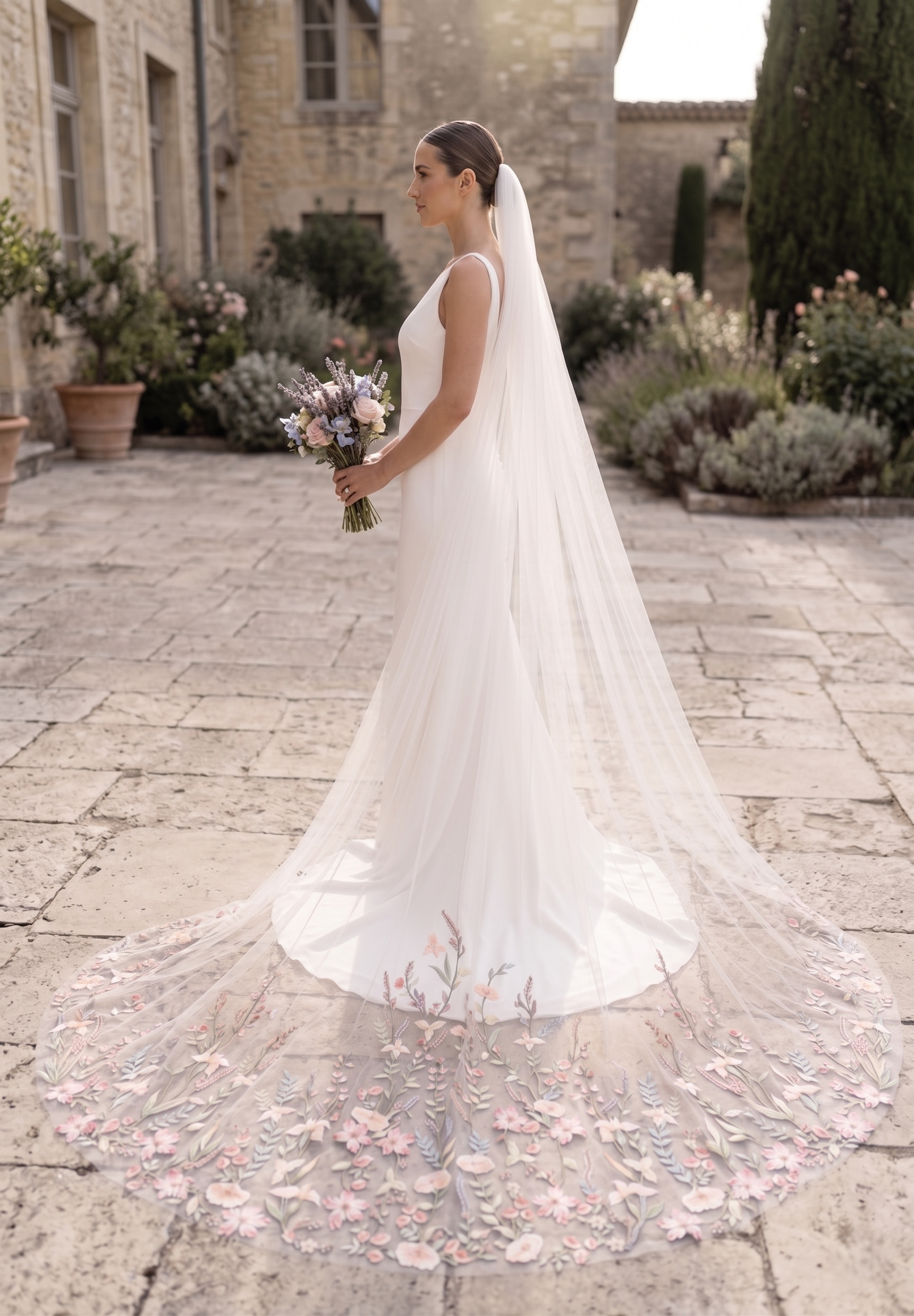 Bride in a white wedding dress with a long veil standing in an outdoor setting.
