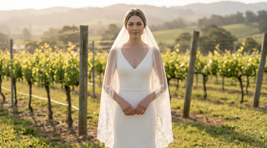 Woman in a white wedding dress with a veil standing in a vineyard.
