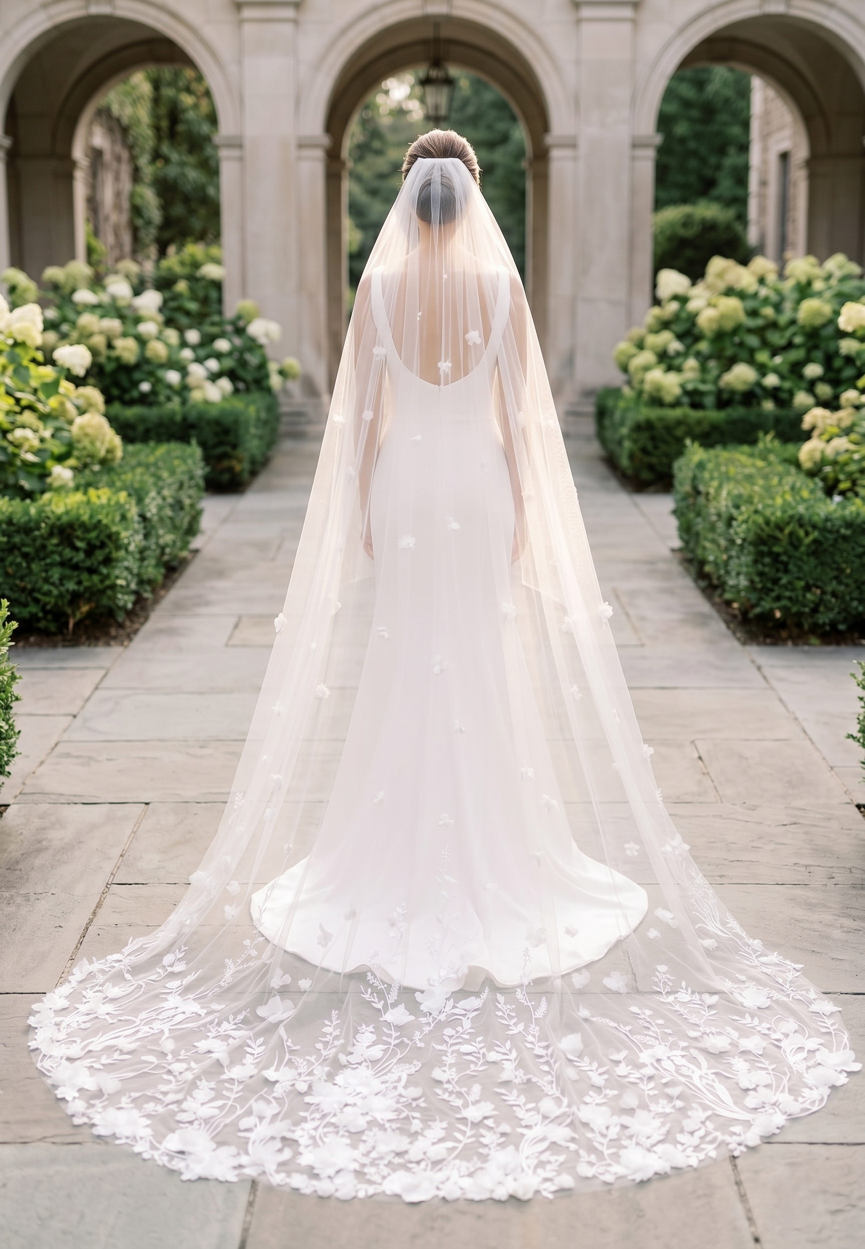 White wedding dress with a long train and veil in an outdoor setting with arches and greenery.