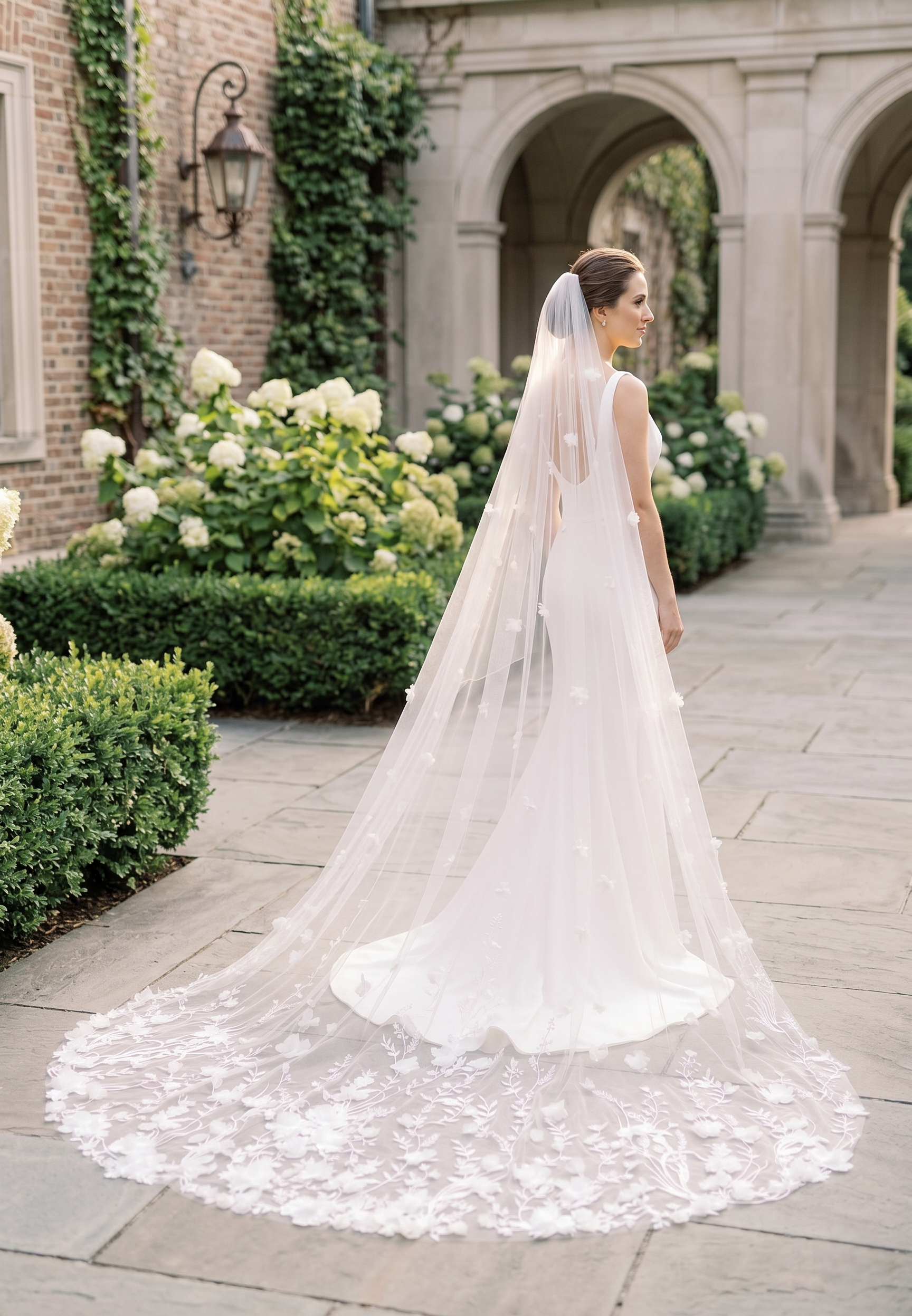 Bride in a white wedding dress with a long veil standing in an elegant outdoor setting.