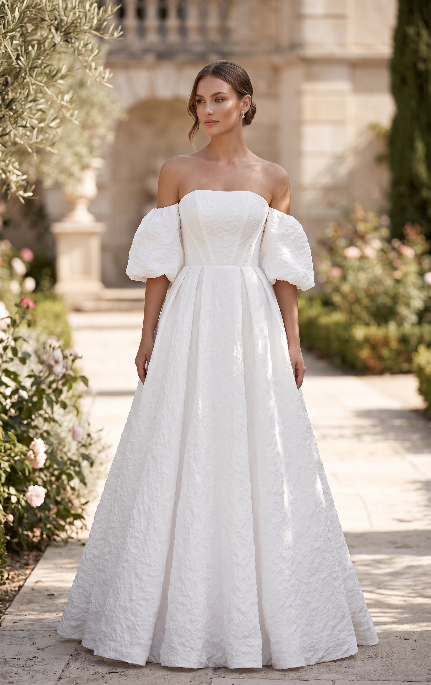 Woman wearing a white off-shoulder dress with puffed sleeves in an outdoor setting.