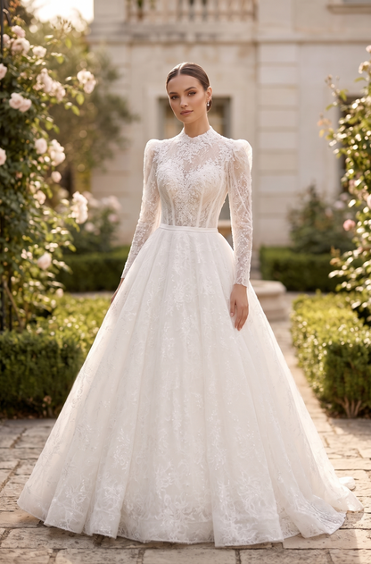 Woman in a white lace wedding dress standing in a garden setting
