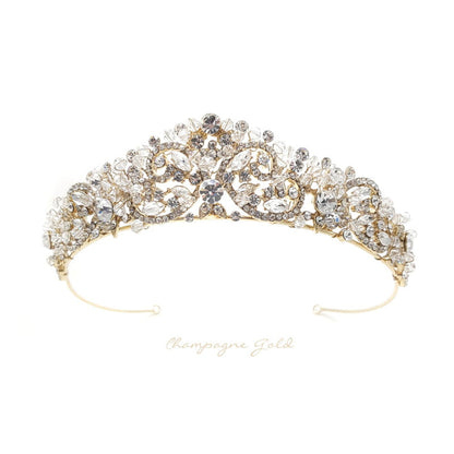 Gold and crystal tiara on a white background with 'Champagne Gold' text.